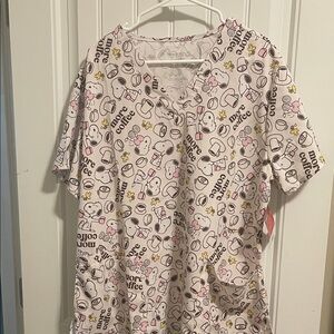 Peanuts White and Black Coffee-Themed Scrub Top